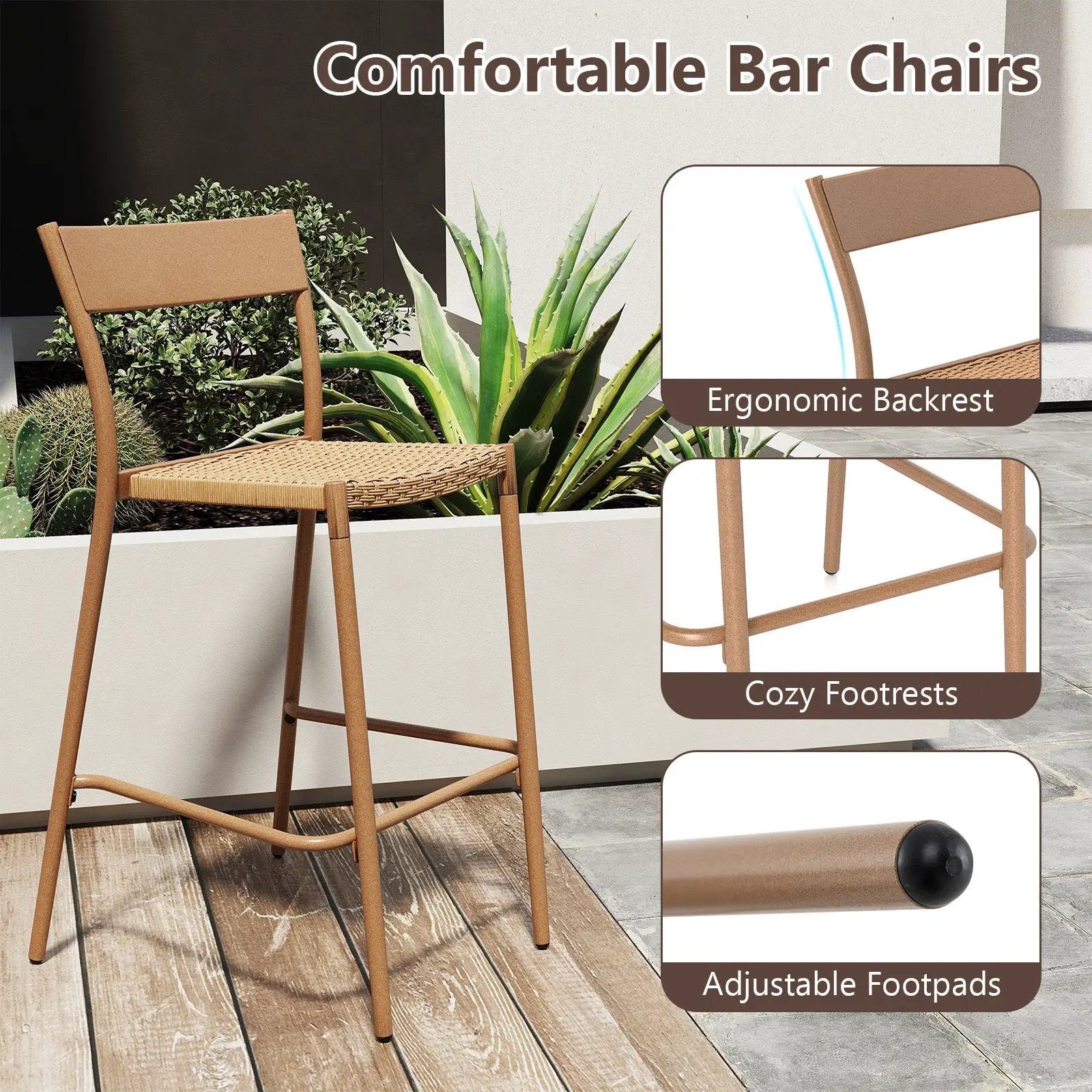 Patio Barstools Set of 2 with Rattan Seat and Metal Backrest-Light Brown by DirectDeals