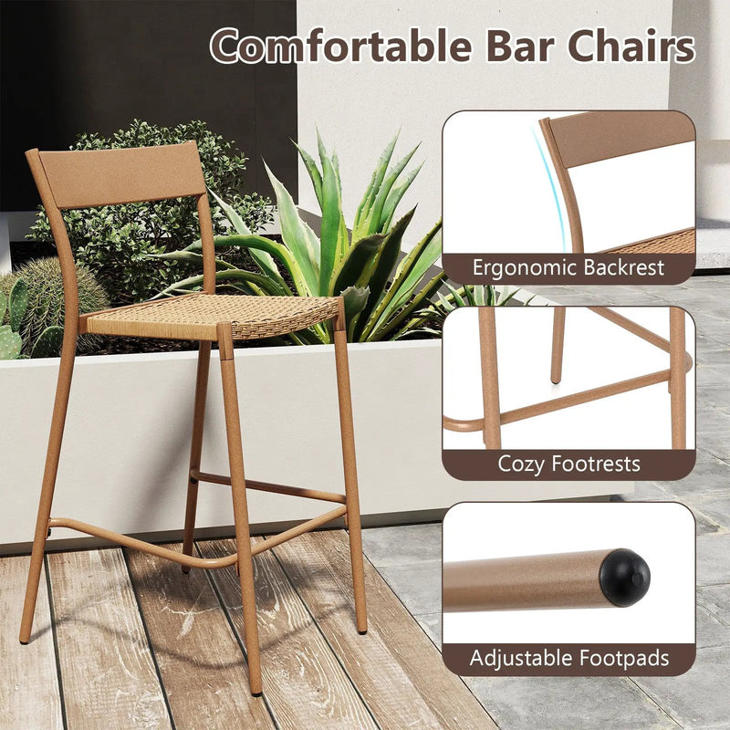 Patio Barstools Set of 2 with Rattan Seat and Metal Backrest-Light Brown by DirectDeals
