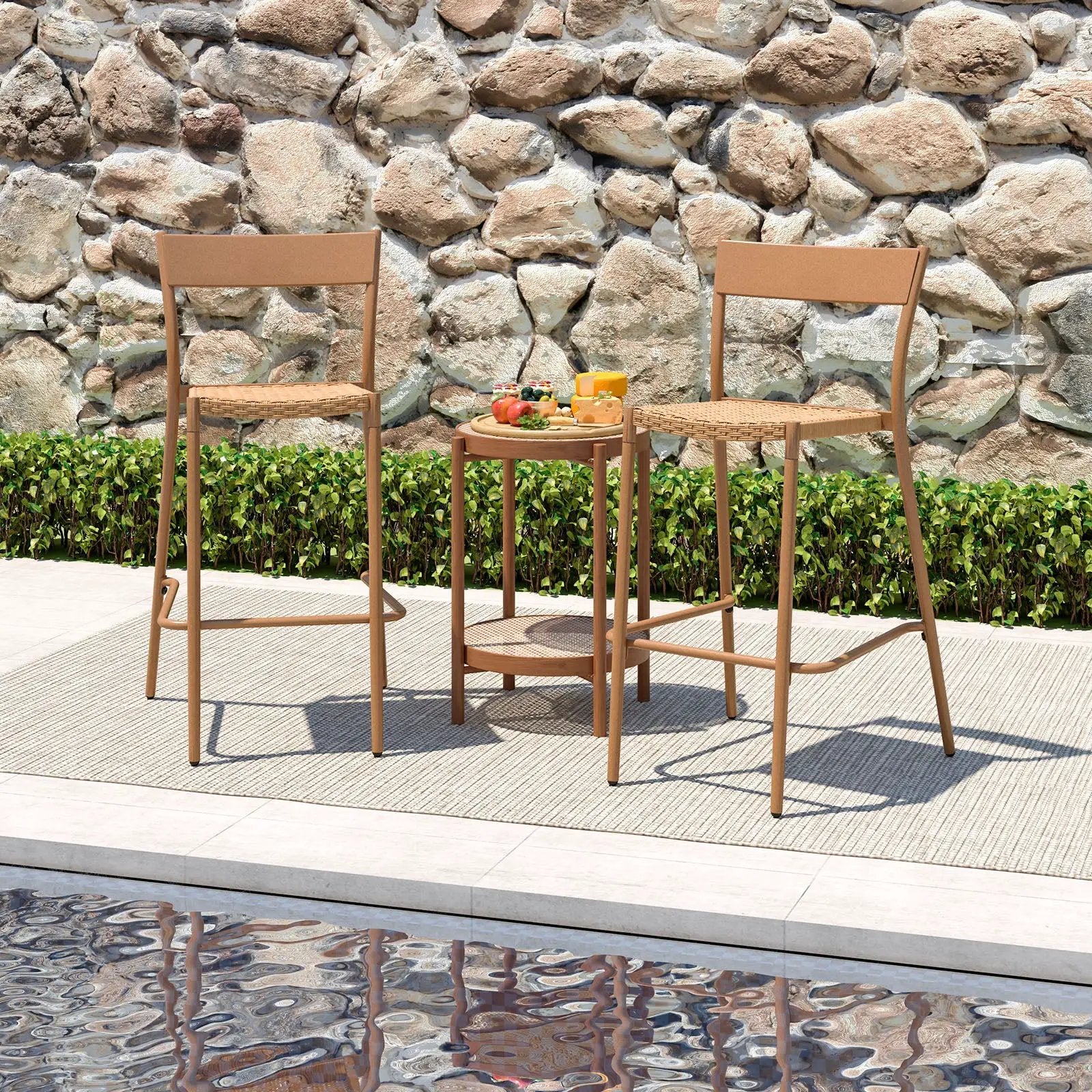 Patio Barstools Set of 4 with Rattan Seat and Metal Backrest-Light Brown by DirectDeals