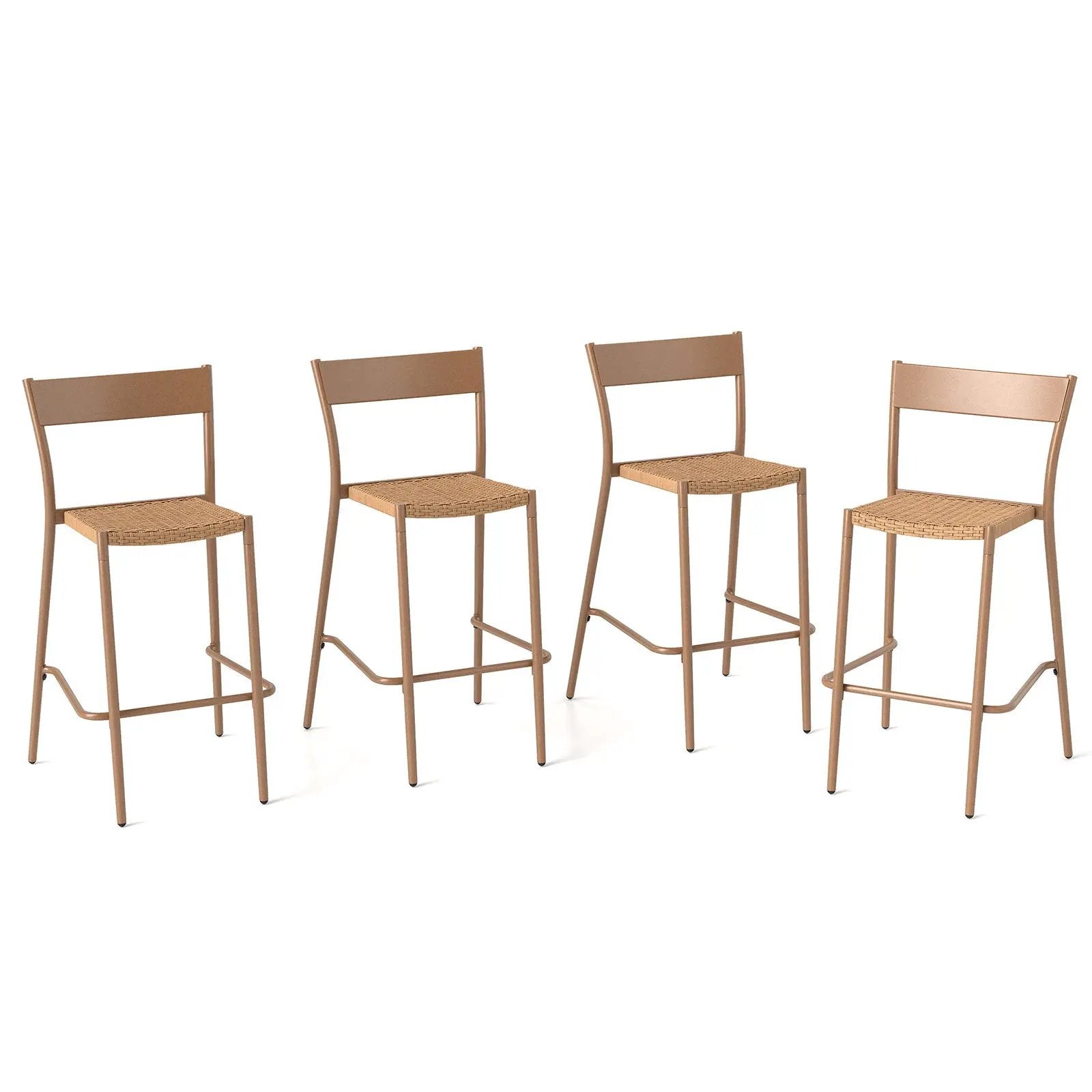 Patio Barstools Set of 4 with Rattan Seat and Metal Backrest-Light Brown by DirectDeals
