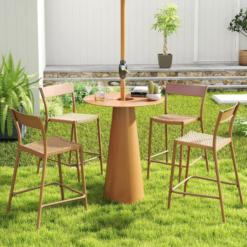 Patio Barstools Set of 4 with Rattan Seat and Metal Backrest-Light Brown by DirectDeals