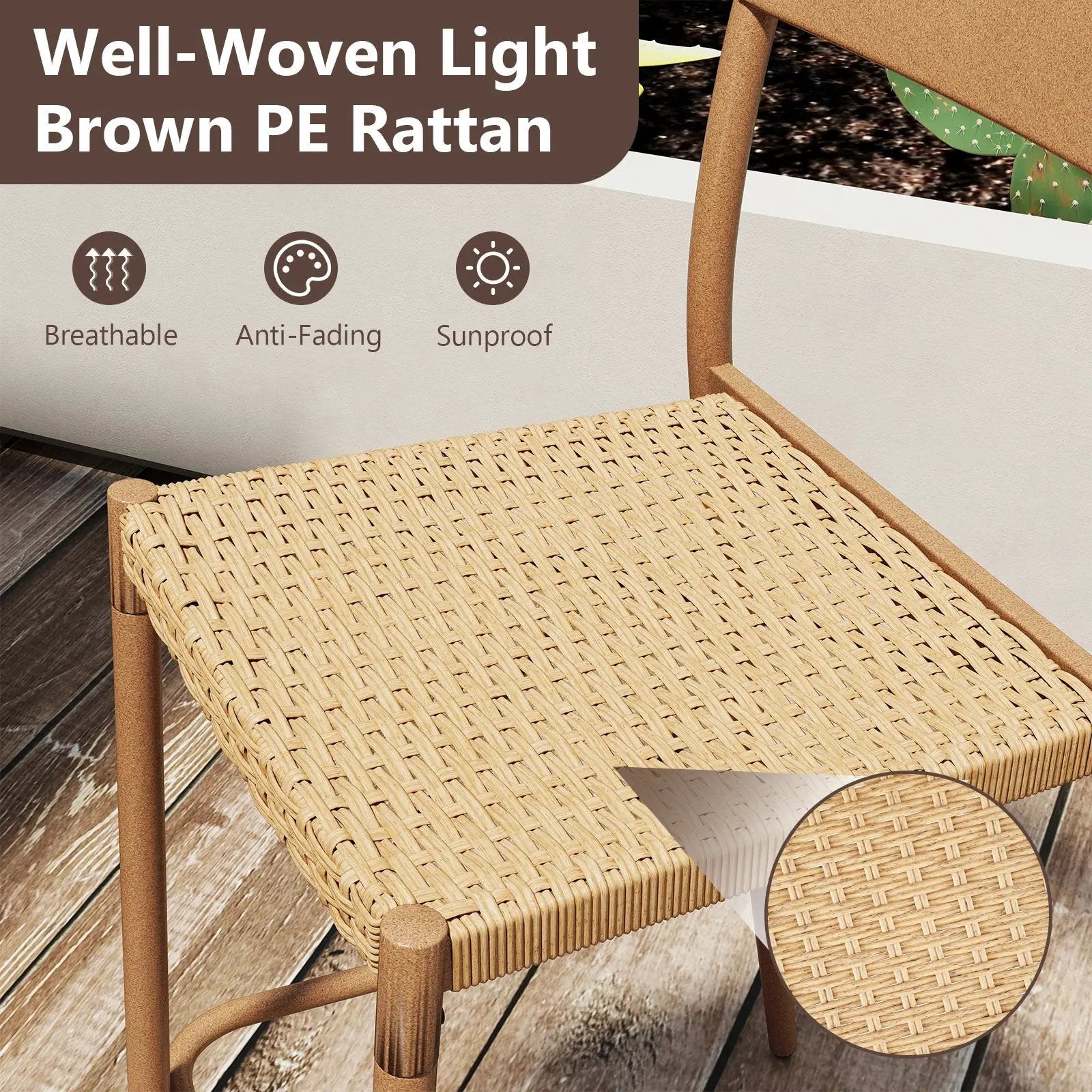 Patio Barstools Set of 4 with Rattan Seat and Metal Backrest-Light Brown by DirectDeals