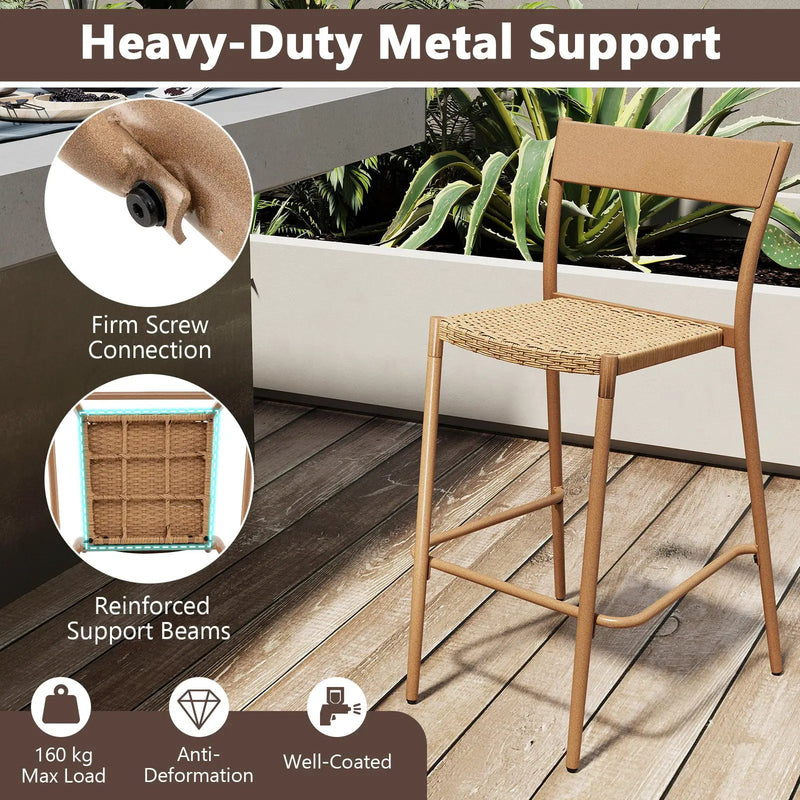 Patio Barstools Set of 4 with Rattan Seat and Metal Backrest-Light Brown by DirectDeals