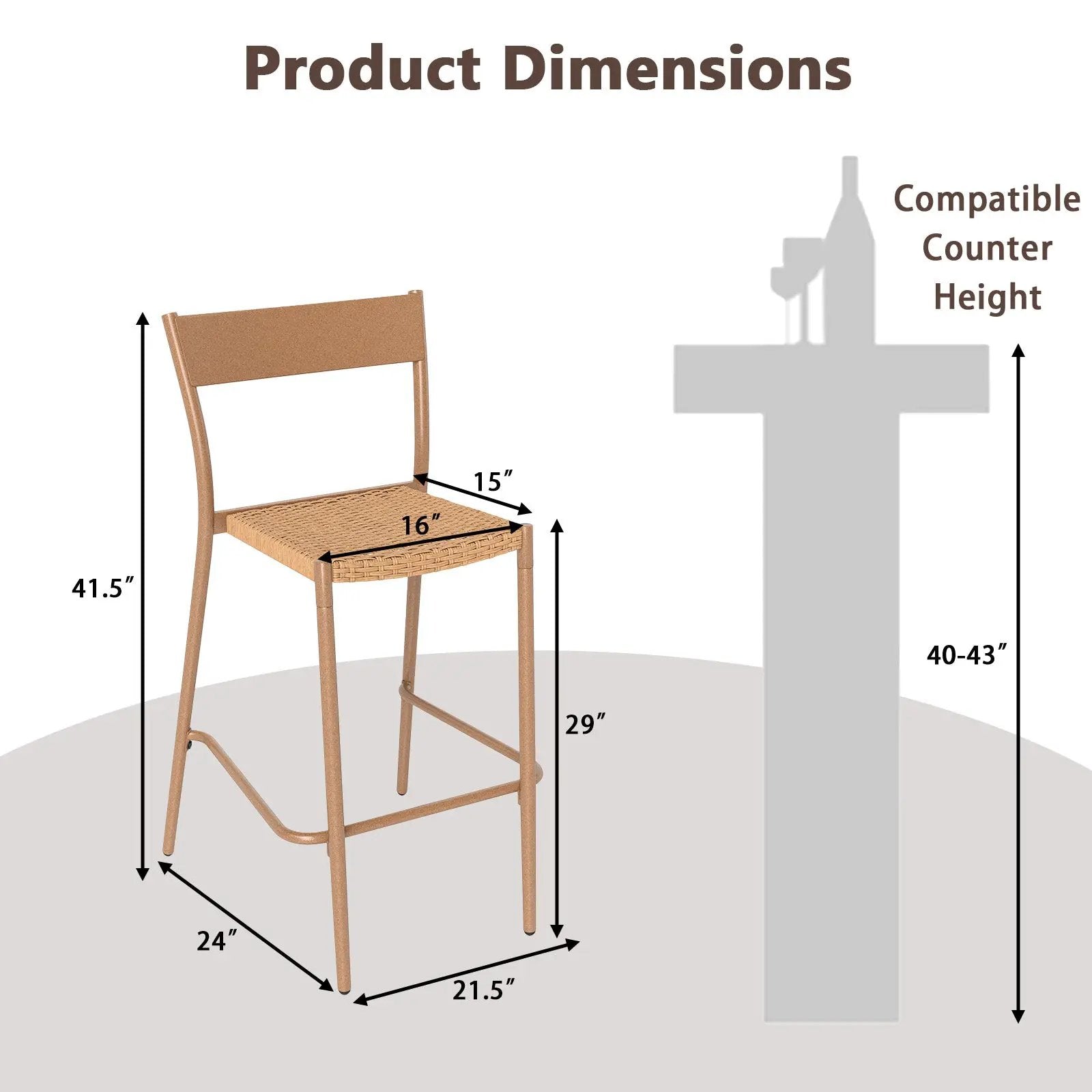 Patio Barstools Set of 4 with Rattan Seat and Metal Backrest-Light Brown by DirectDeals