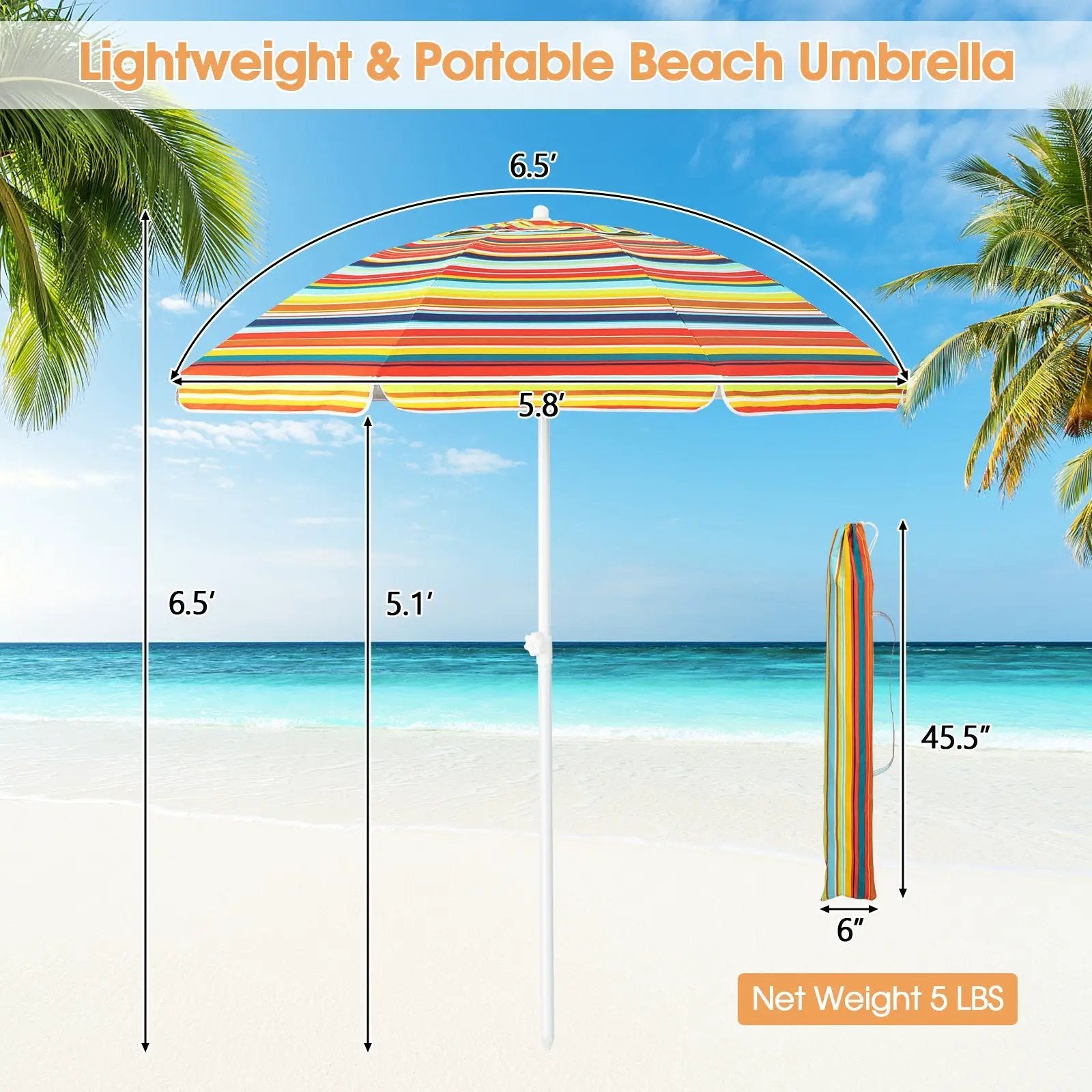 6.5 Feet Patio Beach Umbrella with Waterproof Polyester Fabric-Orange by DirectDeals