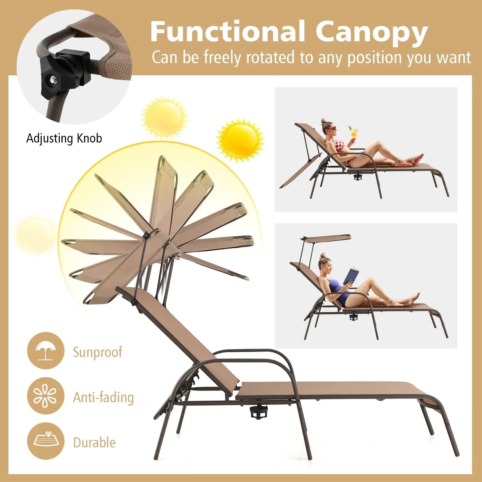 Patio Heavy-Duty 5-Level Adjustable Chaise Lounge Chair-Brown by DirectDeals