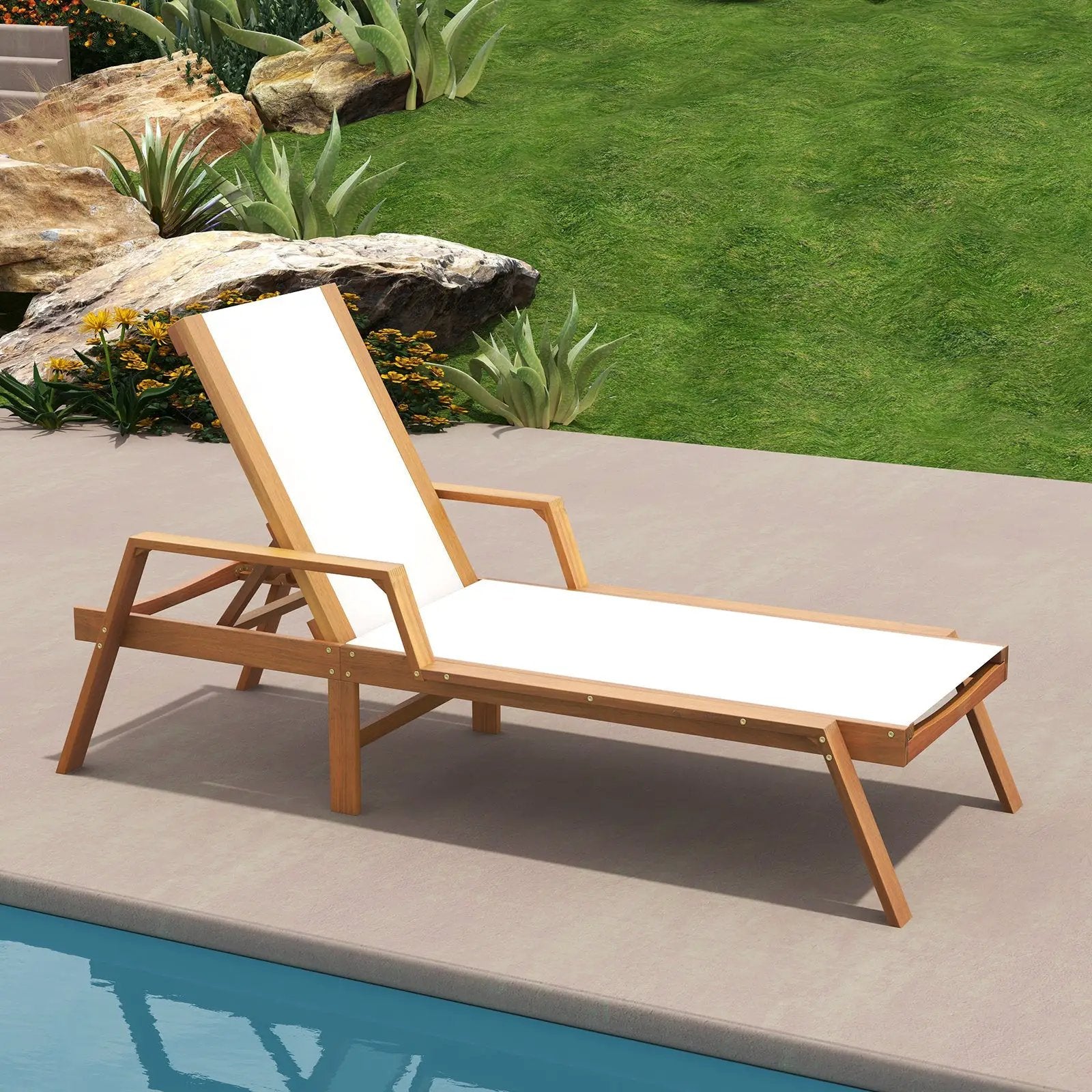 Patio Chaise Lounge Chair with Armrests and Fabric Seat for Backyard-White by DirectDeals