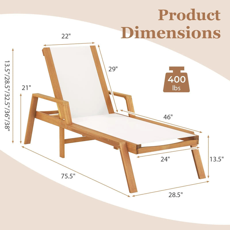 Patio Chaise Lounge Chair with Armrests and Fabric Seat for Backyard-White by DirectDeals