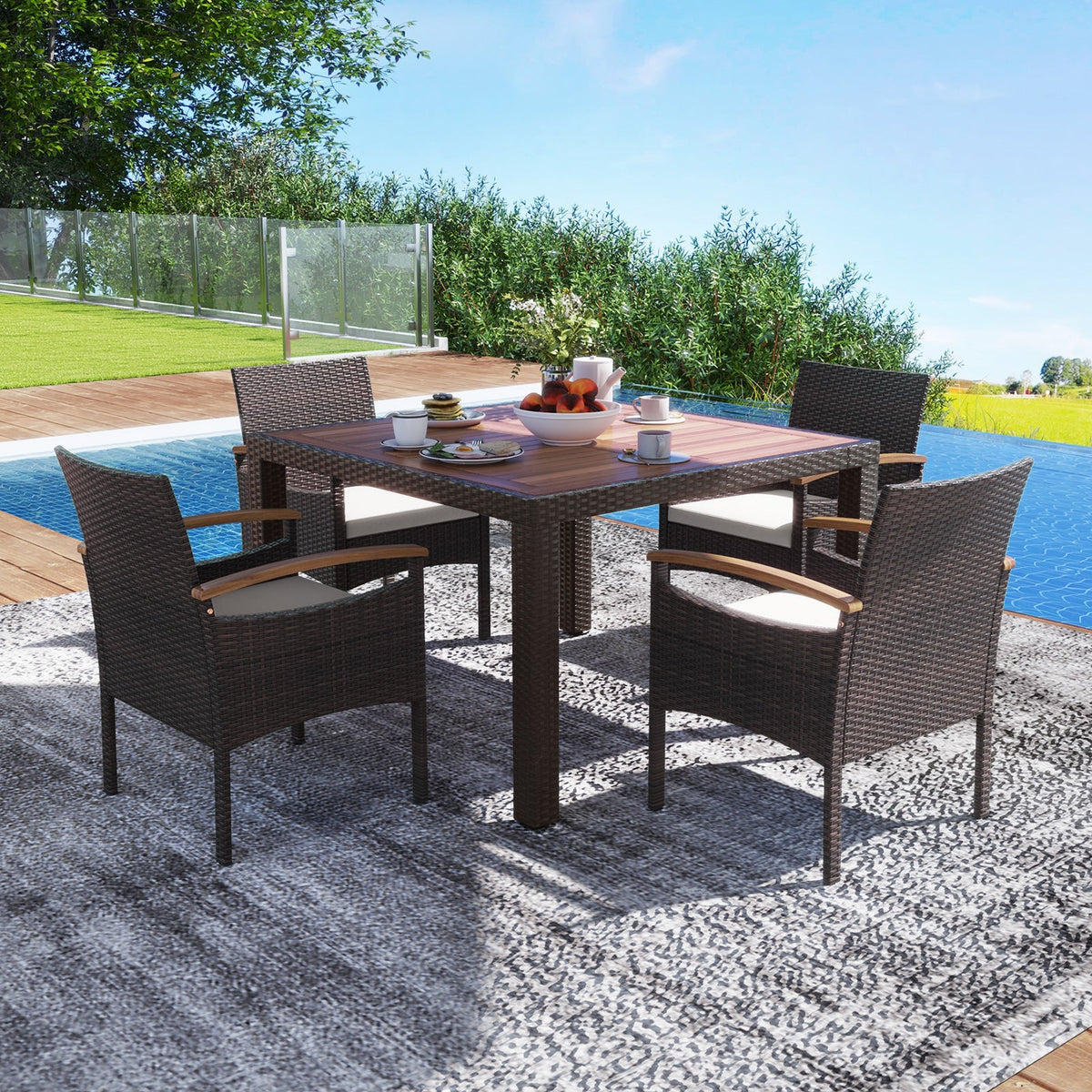 Patio Dining Chairs Set of 2/4 with Acacia Wood Armrest and Heavy Duty Metal Frame