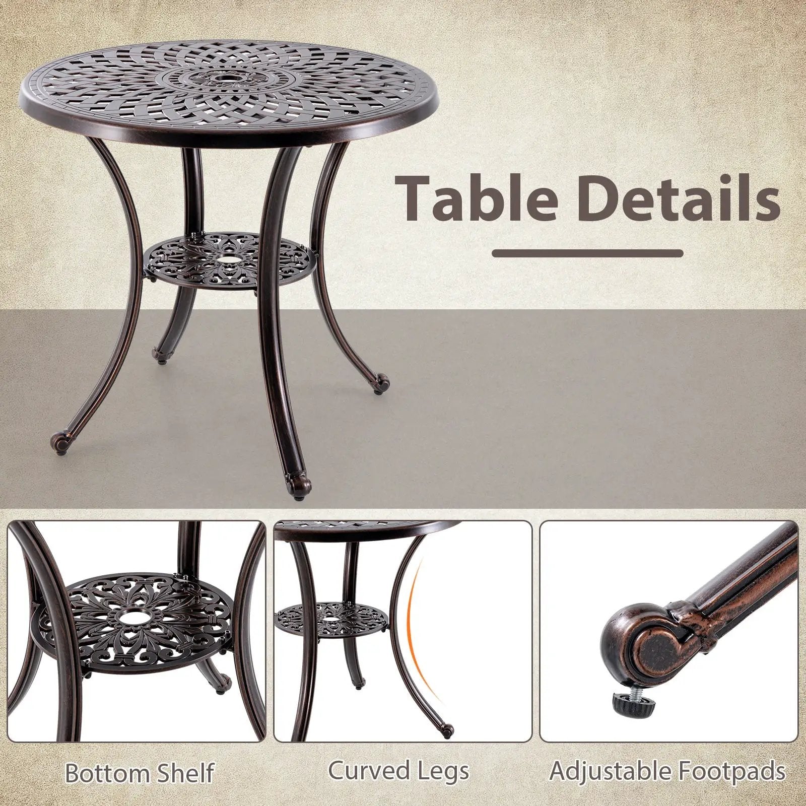 Patio Cast Aluminum Table 31 Inch Diameter Round Table with Umbrella Hole-Copper by DirectDeals
