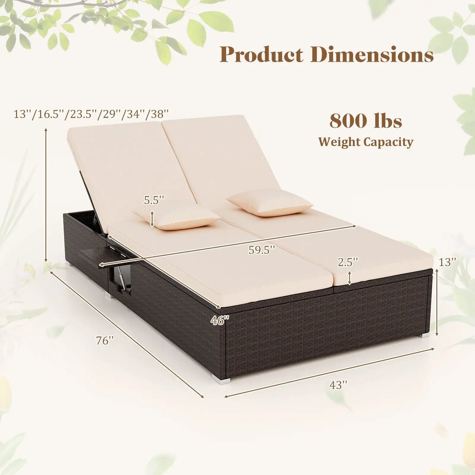 Patio Double Chaise Lounge with Cushions and Folding Side Trays by DirectDeals