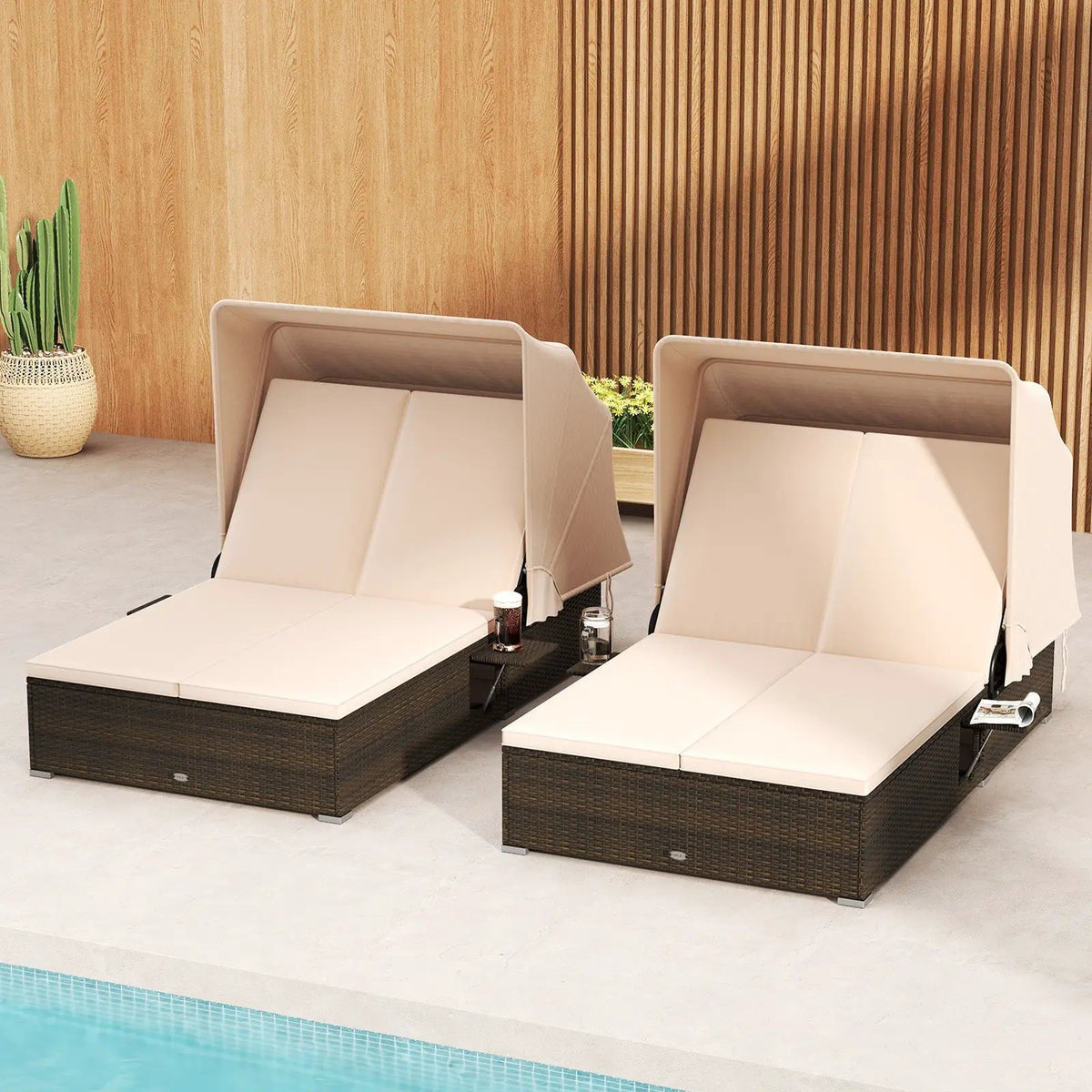 Patio Double Chaise Lounge with Shade Cushions and Folding Side Trays, photo 3 of 16