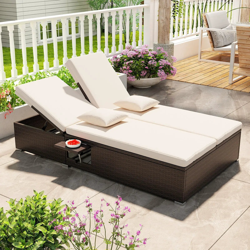 Patio Double Chaise Lounge with Cushions and Folding Side Trays by DirectDeals
