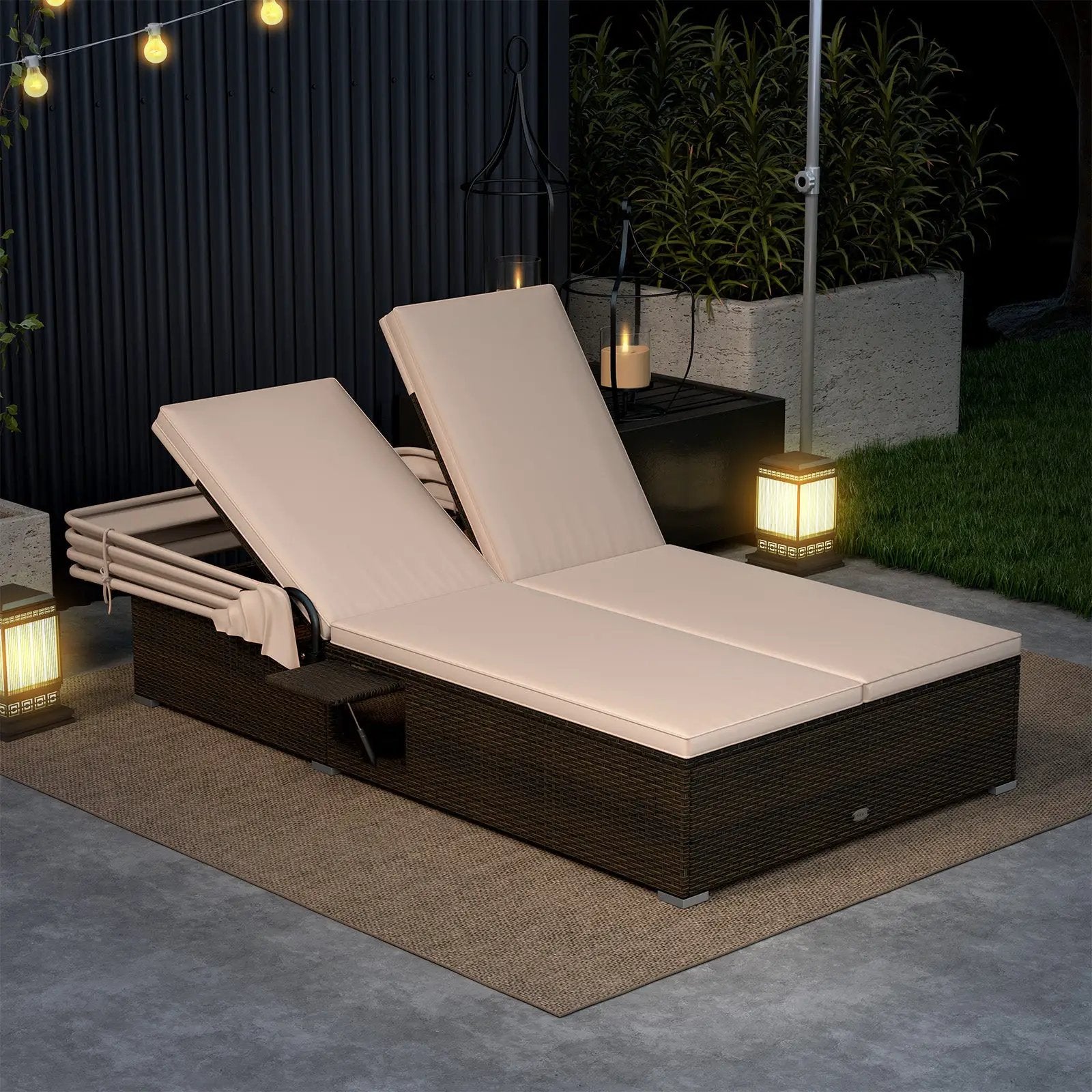 Patio Double Chaise Lounge with Shade Cushions and Folding Side Trays by DirectDeals