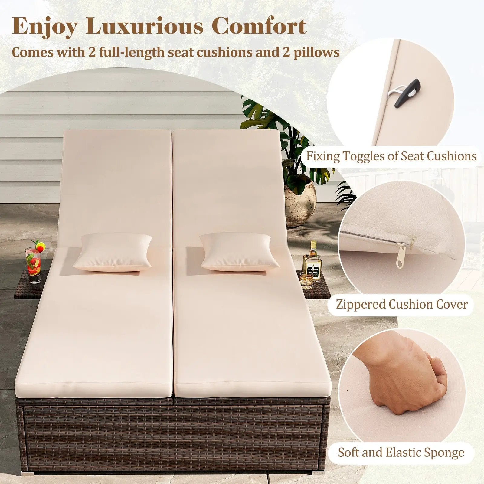 Patio Double Chaise Lounge with Cushions and Folding Side Trays by DirectDeals