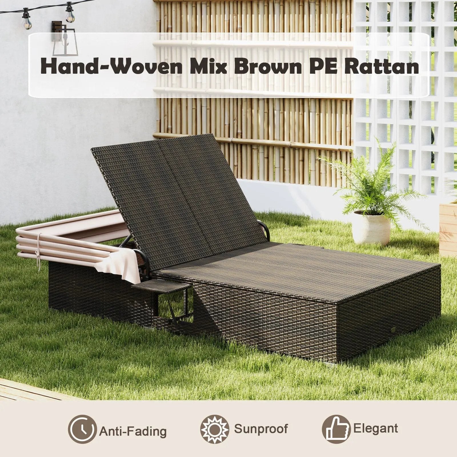 Patio Double Chaise Lounge with Shade Cushions and Folding Side Trays by DirectDeals