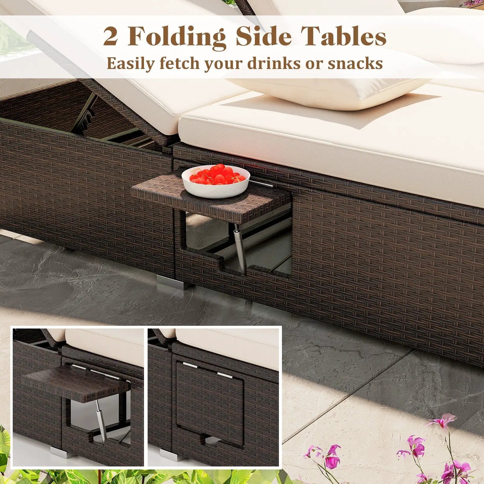 Patio Double Chaise Lounge with Cushions and Folding Side Trays by DirectDeals