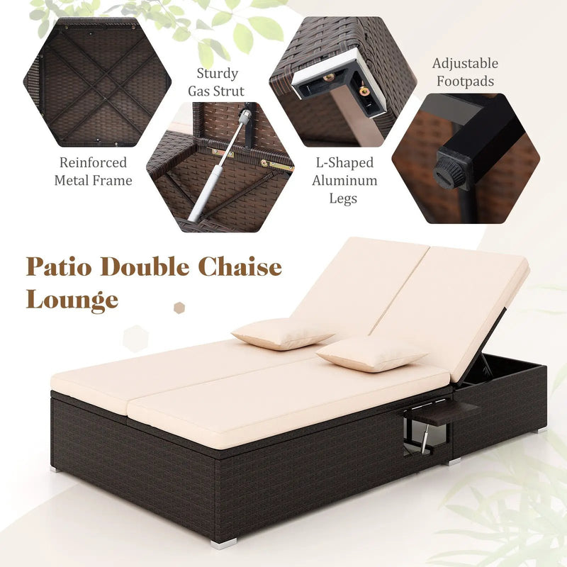 Patio Double Chaise Lounge with Cushions and Folding Side Trays by DirectDeals