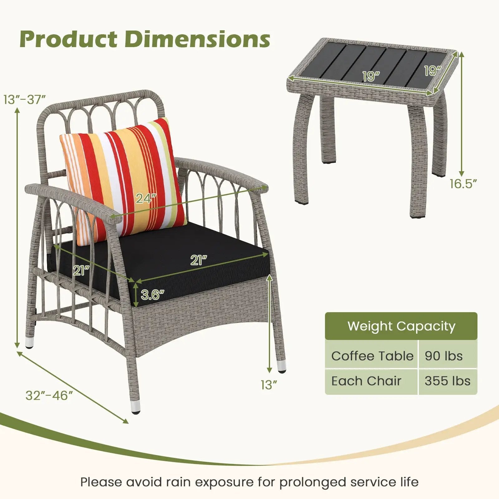 3 Pieces Patio PE Wicker Furniture Set with 5-Level Adjustable Backrest-Gray by DirectDeals