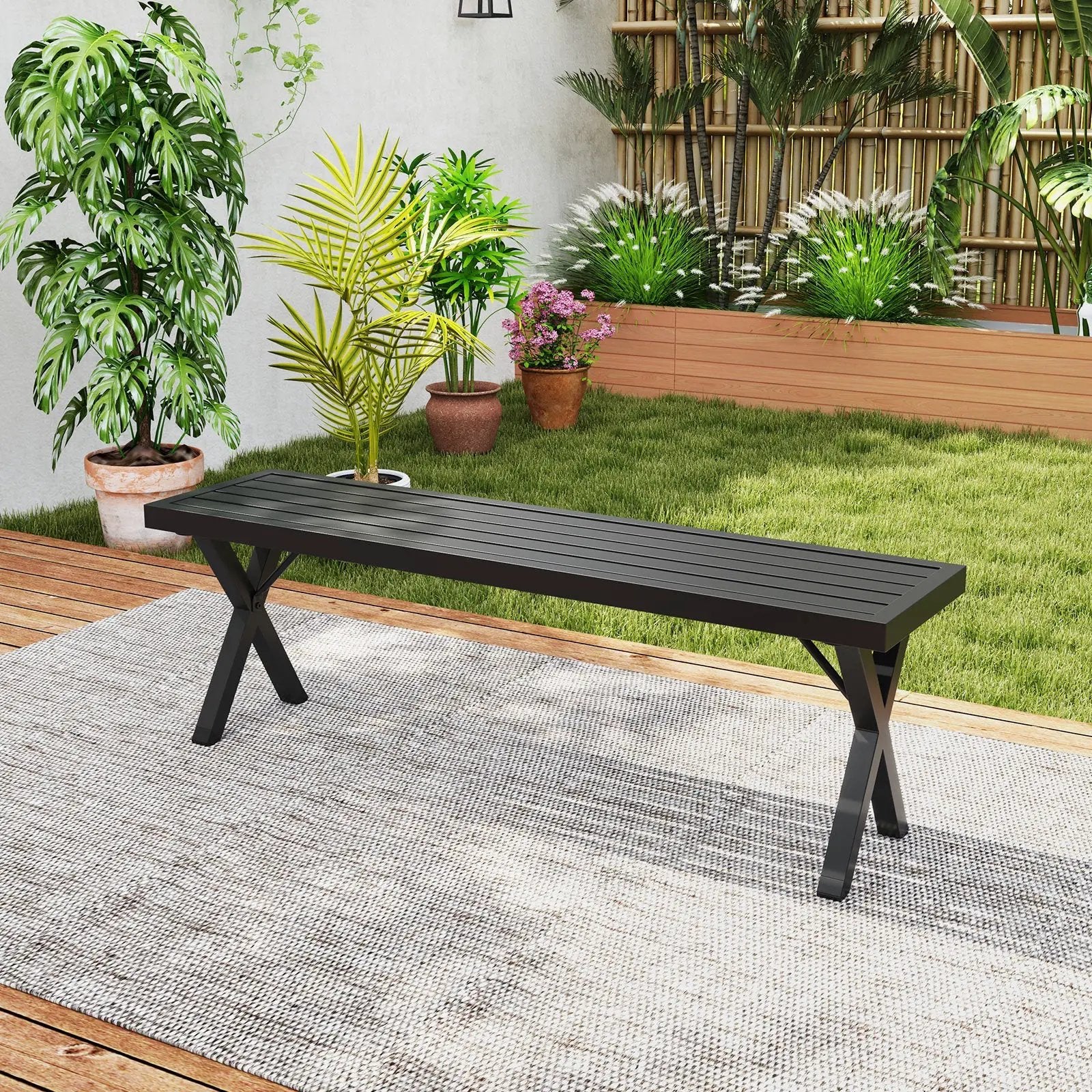 Patio Metal Bench with Slatted Seat and X Legs by DirectDeals