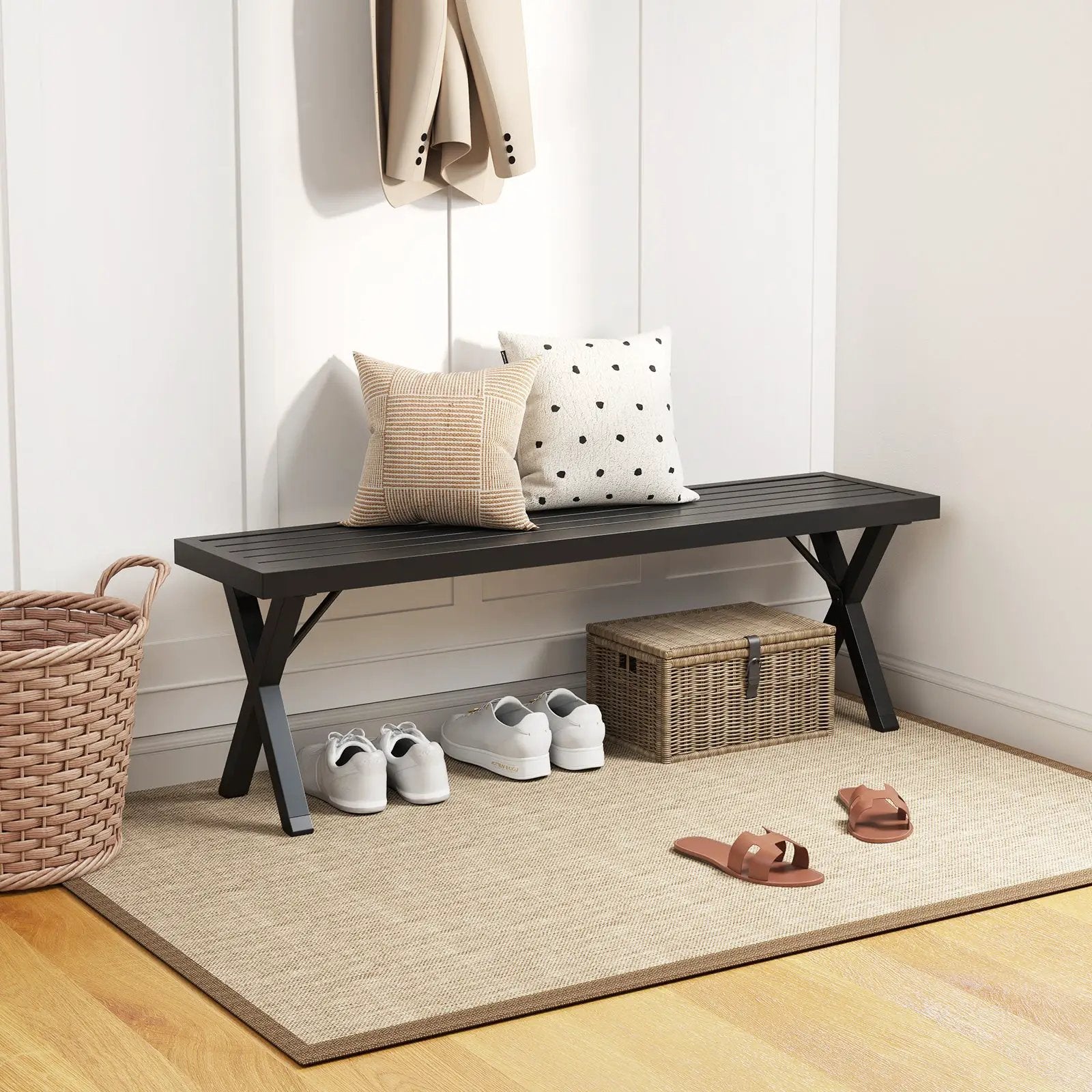 Patio Metal Bench with Slatted Seat and X Legs by DirectDeals