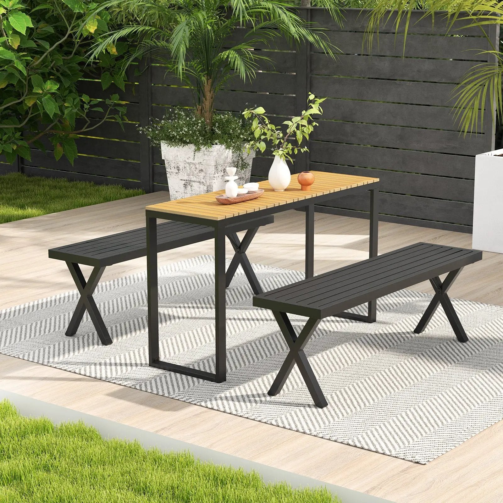 Patio Metal Bench with Slatted Seat and X Legs by DirectDeals