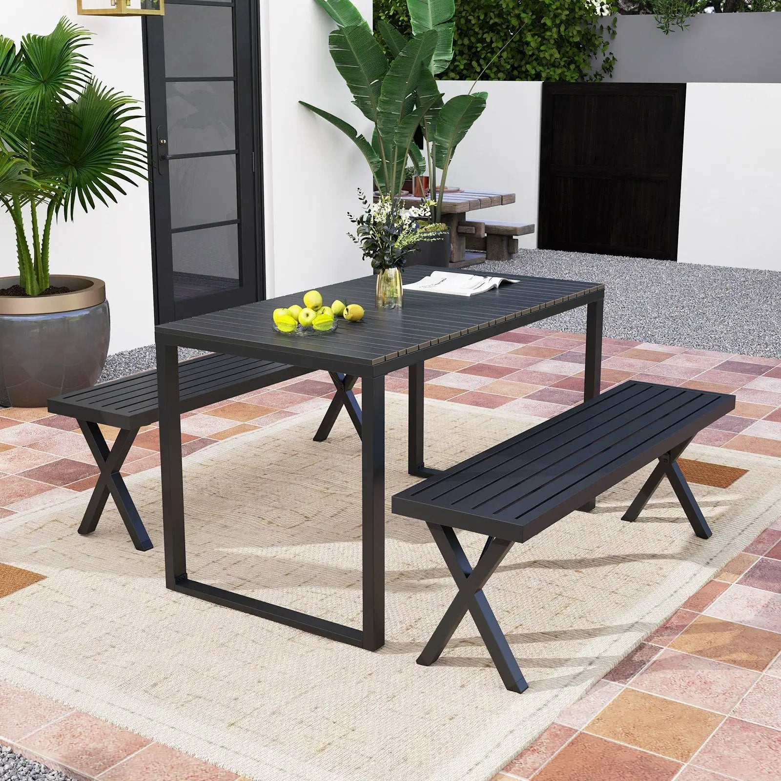 Patio Metal Bench with Slatted Seat and X Legs by DirectDeals