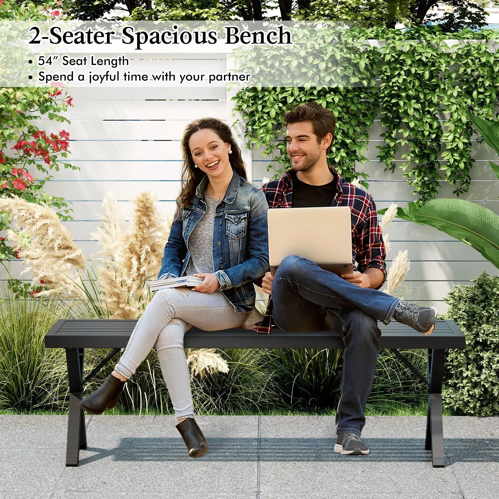 Patio Metal Bench with Slatted Seat and X Legs by DirectDeals