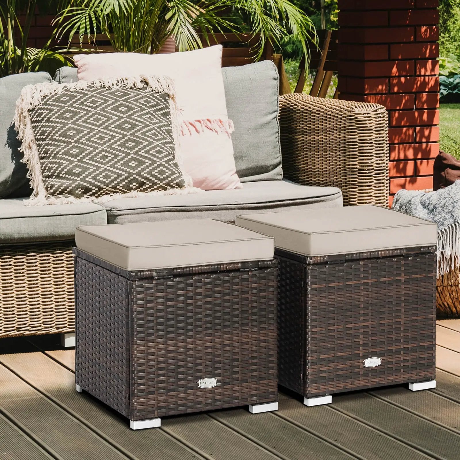 2 Pieces Patio Ottoman with Removable Cushions-Brown by DirectDeals
