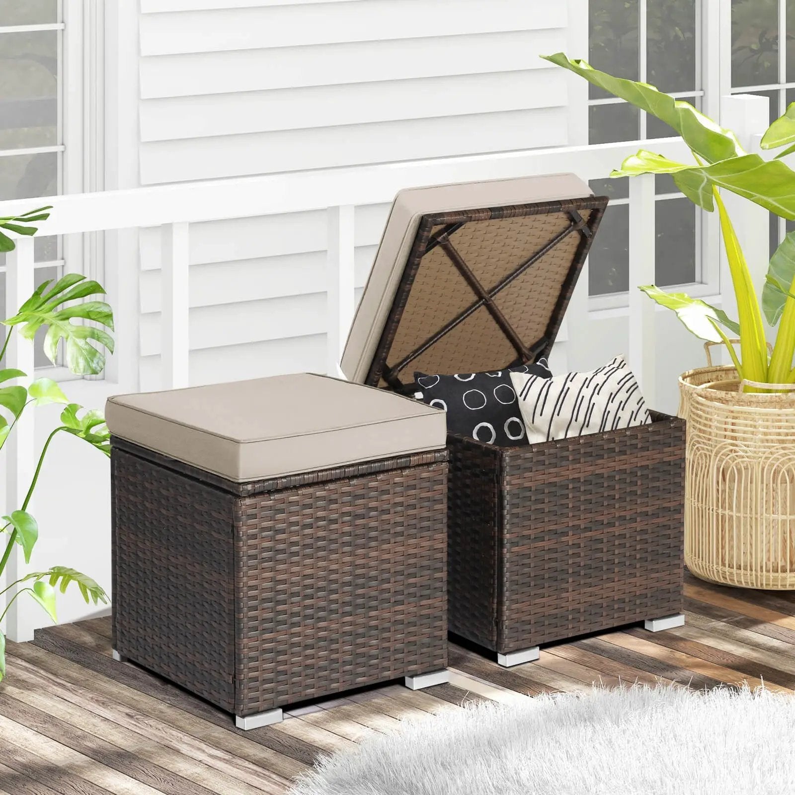 2 Pieces Patio Ottoman with Removable Cushions-Brown by DirectDeals