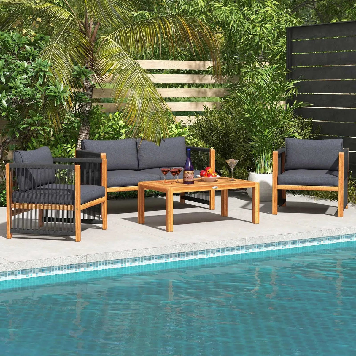 4 Pieces Acacia Wood Outdoor Patio Furniture Set with Cushions by DirectDeals