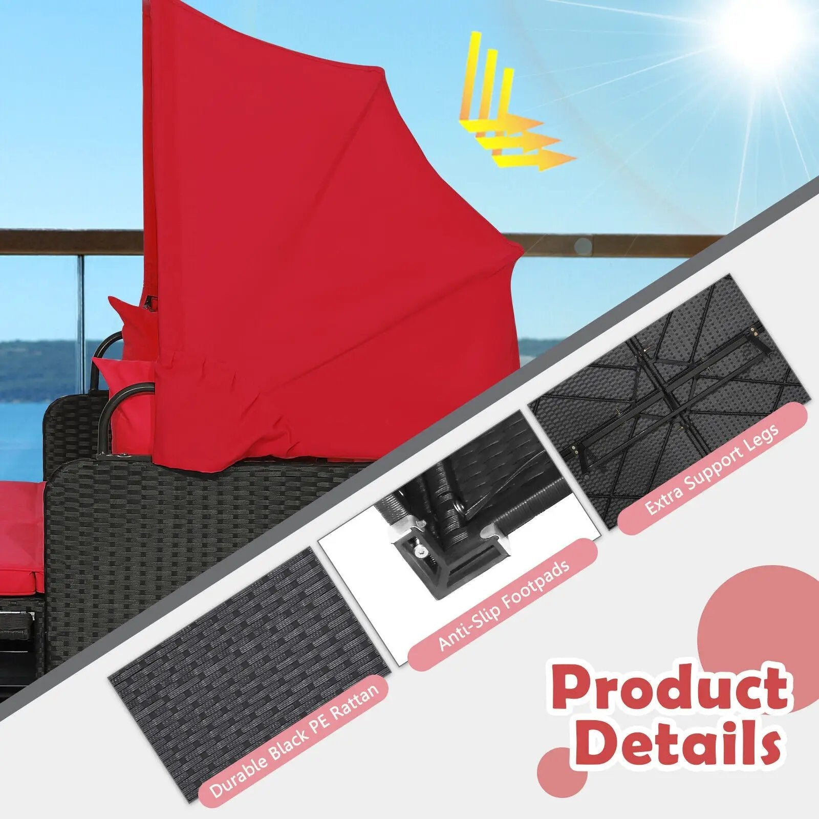 Patio Rattan Daybed with Retractable Canopy and Side Tables by DirectDeals
