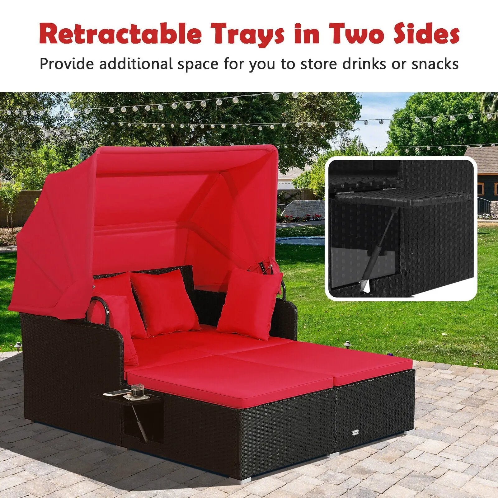 Patio Rattan Daybed with Retractable Canopy and Side Tables by DirectDeals