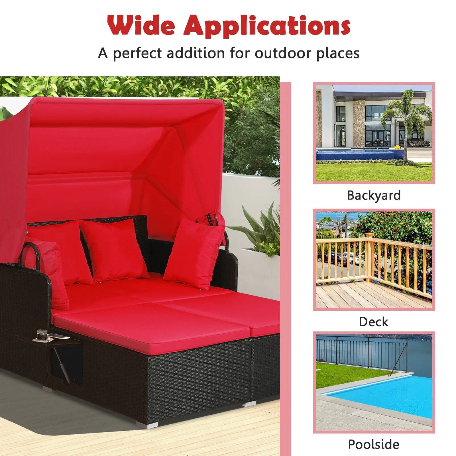 Patio Rattan Daybed with Retractable Canopy and Side Tables by DirectDeals