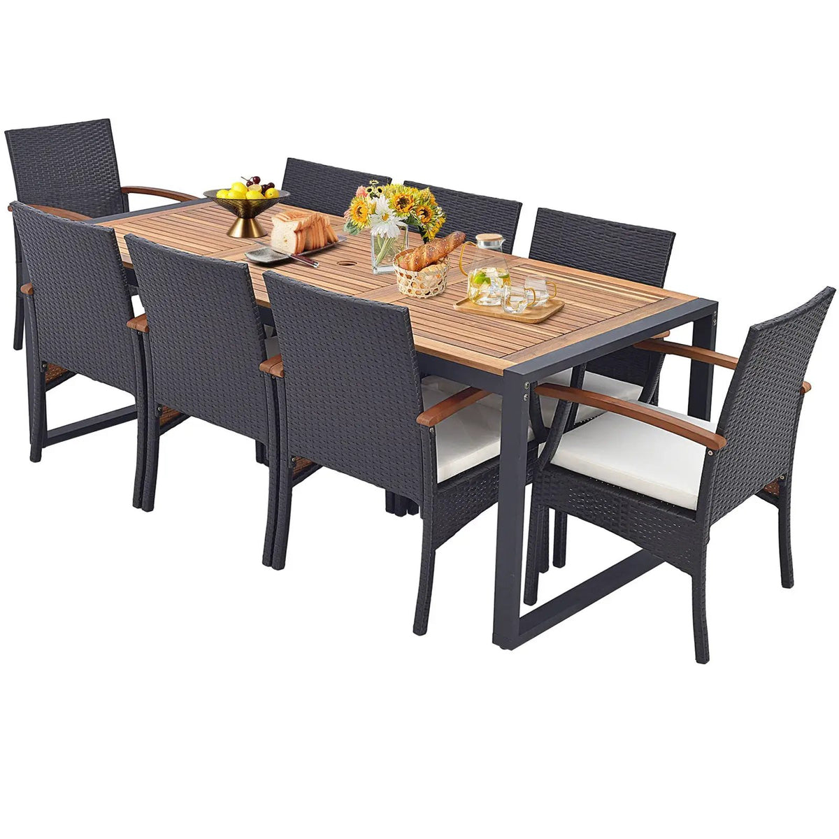 9 Pieces Patio Rattan Dining Set with Acacia Wood Table for Backyard Garden, photo 9 of 11