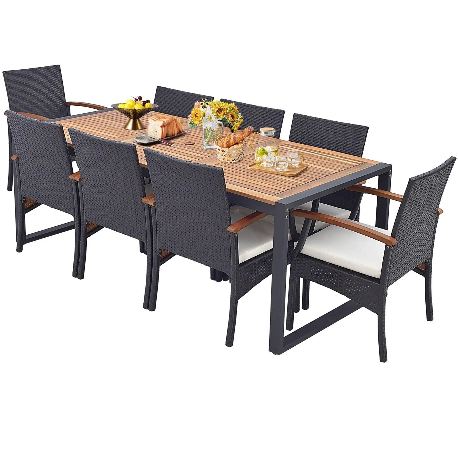 9 Pieces Patio Rattan Dining Set with Acacia Wood Table for Backyard Garden by DirectDeals