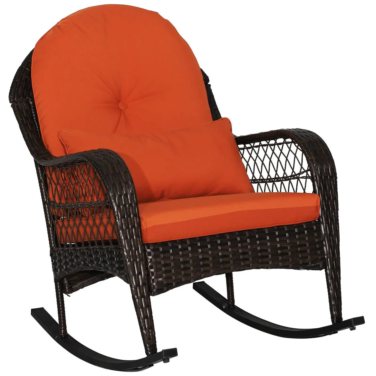 Patio Rattan Rocking Chair with Seat Back Cushions and Waist Pillow, photo 11 of 12