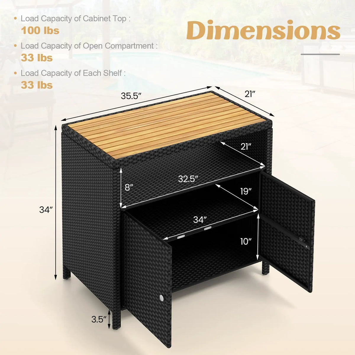 Rattan Storage Cabinet with Acacia Wood Countertop for Poolside Deck and Patio, photo 5 of 9