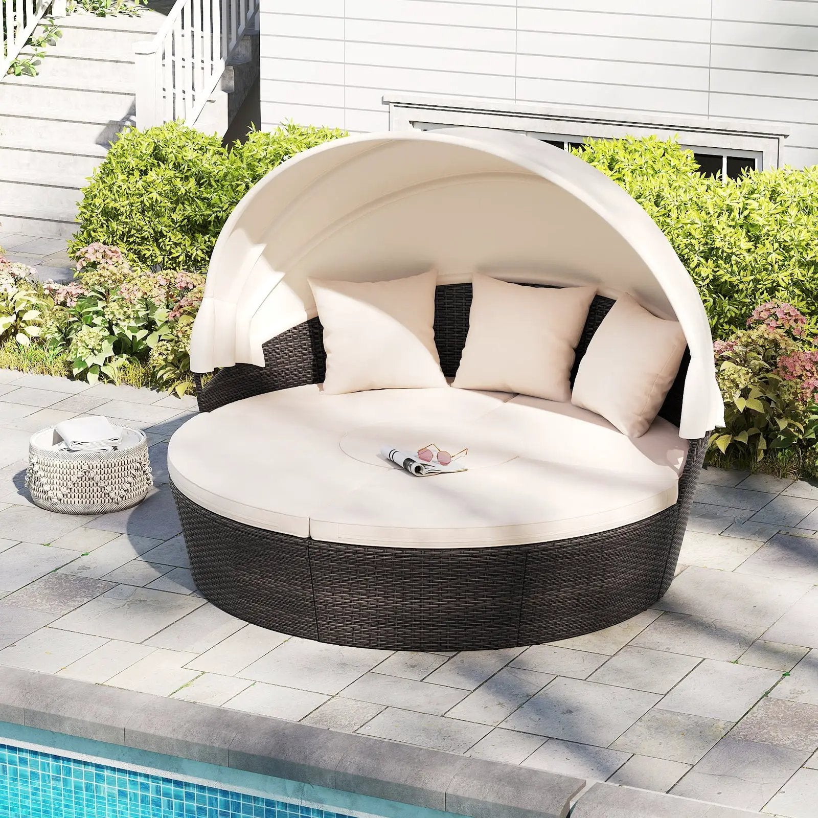 Patio Round Daybed with Retractable Canopy-White by DirectDeals