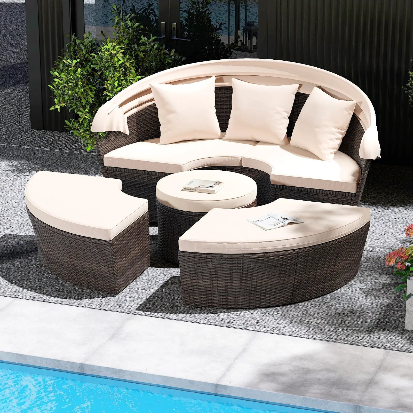Patio Round Daybed with Retractable Canopy-White by DirectDeals