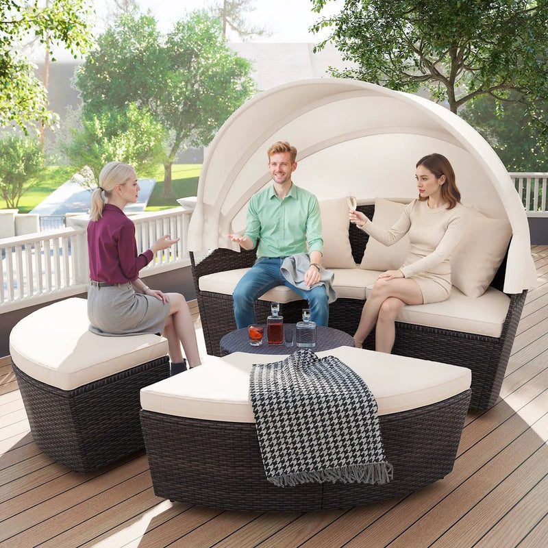 Patio Round Daybed with Retractable Canopy-White by DirectDeals