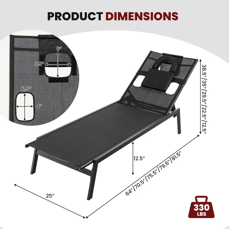 Patio Sunbathing Lounge Chair 5-Position Adjustable Tanning Chair-Black by DirectDeals