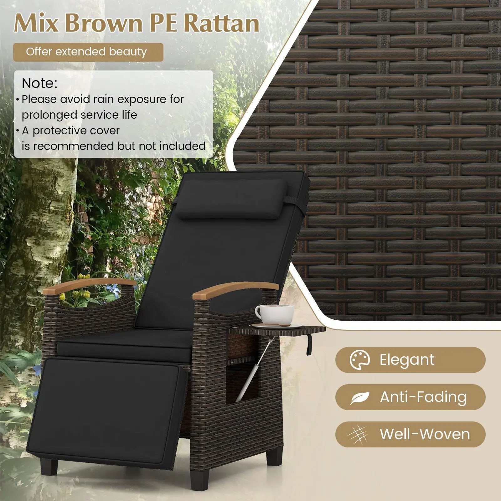 Patio Wicker Recliner Chair with Adjustable Backrest and Footrest by DirectDeals