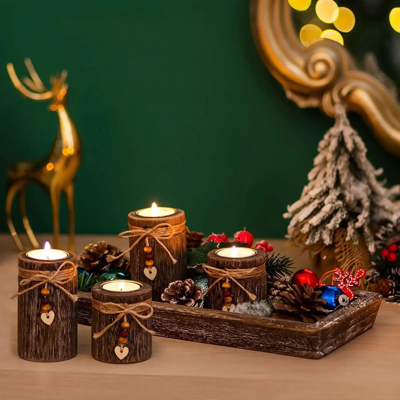 Paulownia Wood Centerpiece Tray with 4 Tealight Holders & Beaded Accent by House Of Avana