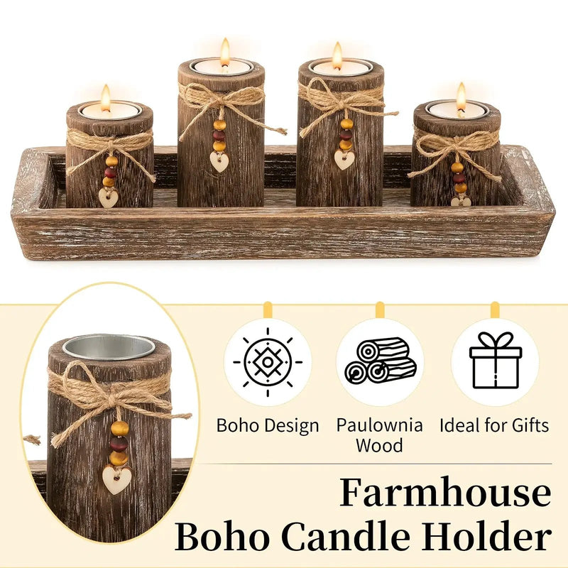 Paulownia Wood Centerpiece Tray with 4 Tealight Holders & Beaded Accent by House Of Avana