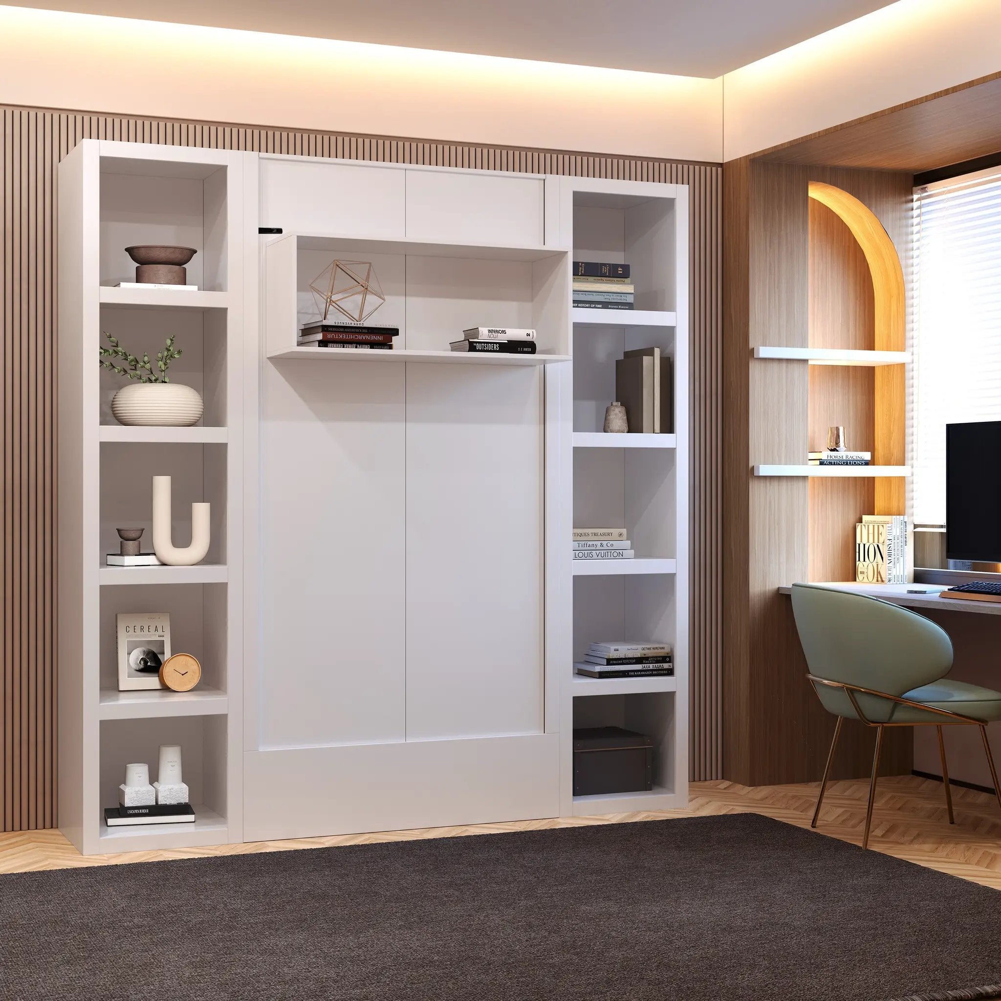Easy-Lift Twin Murphy Wall Bed in White with Two Bookshelves by Sharicks