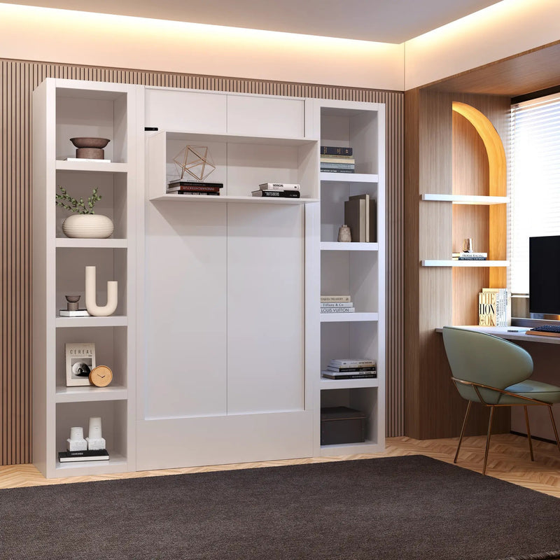 Easy-Lift Twin Murphy Wall Bed in White with Two Bookshelves by Sharicks