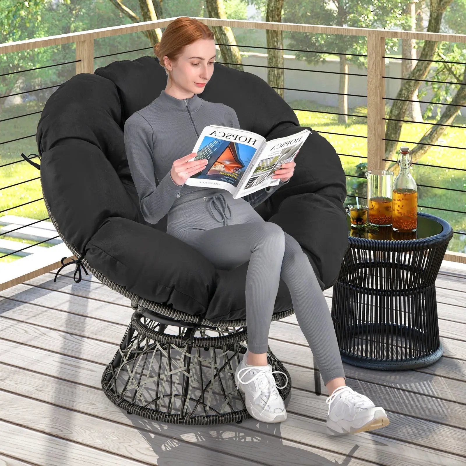 PE Wicker Papasan Chair with Thick and Removable Cushion-Black by DirectDeals