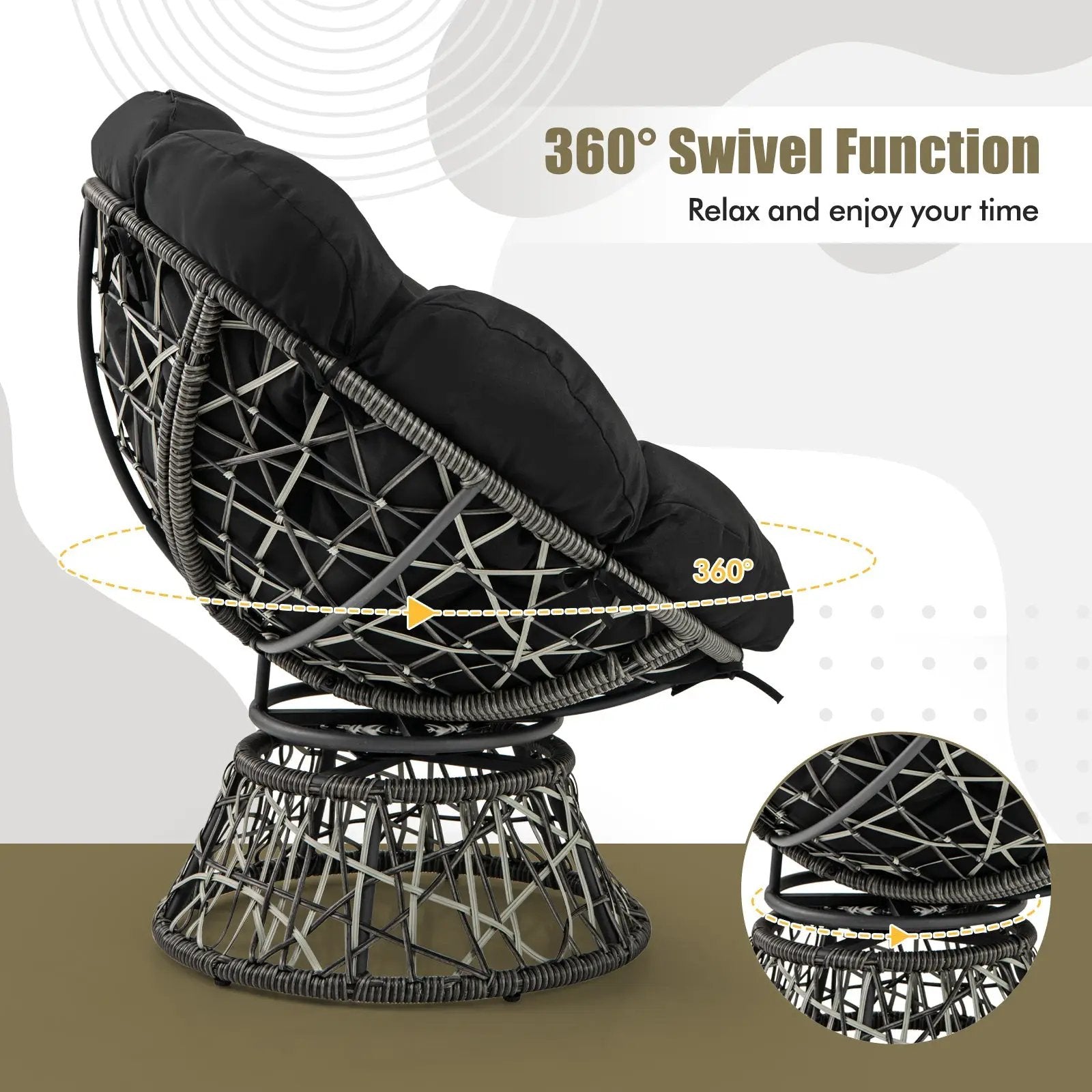 PE Wicker Papasan Chair with Thick and Removable Cushion-Black by DirectDeals