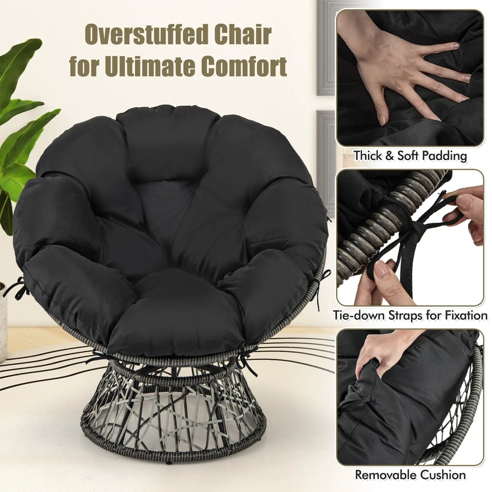 PE Wicker Papasan Chair with Thick and Removable Cushion-Black by DirectDeals